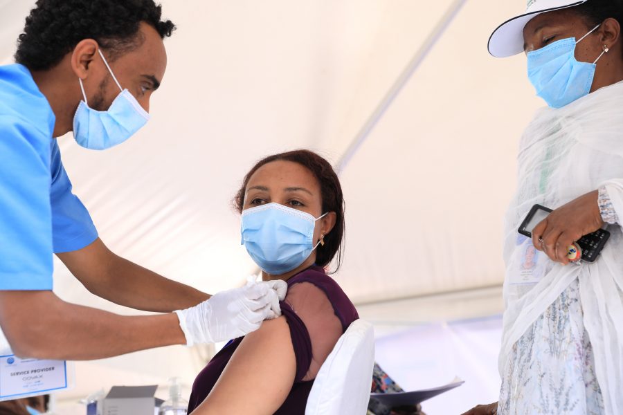 Meseret Zelalem (MD), Director of Maternal, Child Health and Nutrition Directorate, Federal Health Ministry getting the vaccination at the National COVID 19 Vaccine Launching Program at Eka Kotebe Hospital.NICEF Ethiopia/2021/ Nahom Tesfaye
