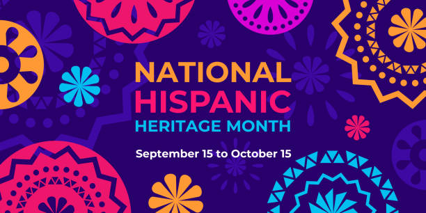 Hispanic heritage month. Vector web banner, poster, card for social media and networks. Greeting with national Hispanic heritage month text, Papel Picado pattern, perforated paper on purple background