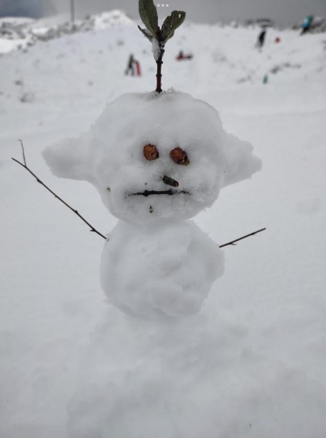 Snowman built by the winner of the photo contest, Joée Dutrisac. 