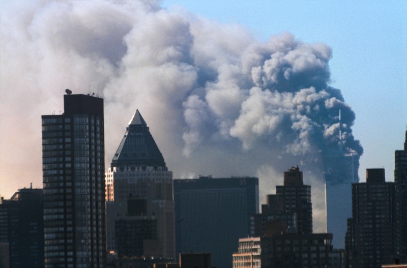 The cloud of smoke surrounding downtown Manhattan following the 9/11 attack.