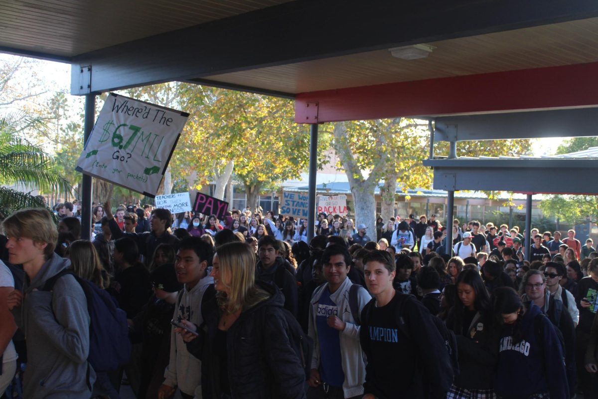 Students flooding the main hallway, beginning the walkout.
