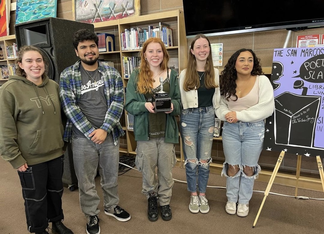 Contestants of the 2024 Poetry Slam: (left to right) Emily Mintz, Eric Rodriguez-Martinez, Olivia Miller, Keira Perkin, and Lesly Ricardez. (Kian Strenn not pictured.)