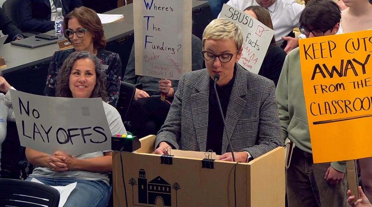 San Marcos Librarian and SBTA Secretary Amy McMillan makes public comment in support of keeping the Director of Technology position, which the board later voted to eliminate.
