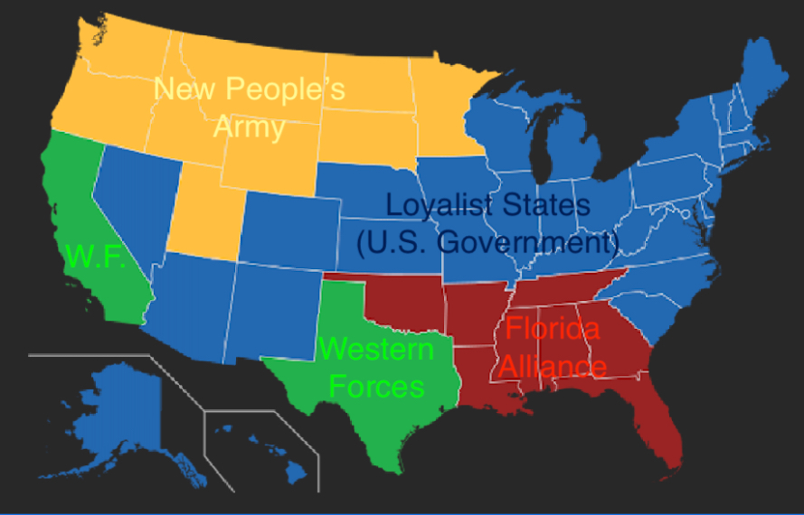 A United States map displaying the segregated factions of Alex Garland’s dystopian thriller.