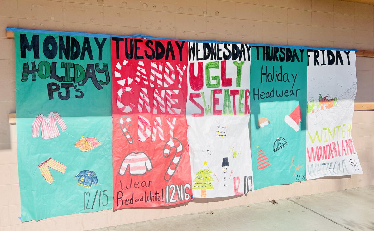 Decorations around campus promoting holiday spirit week.