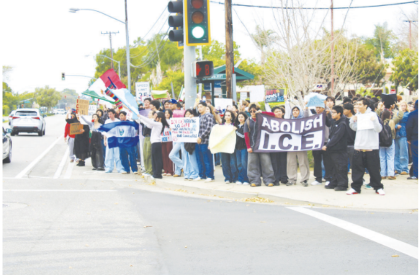 San Marcos students walking out at the corner of Hollister and Turnpike